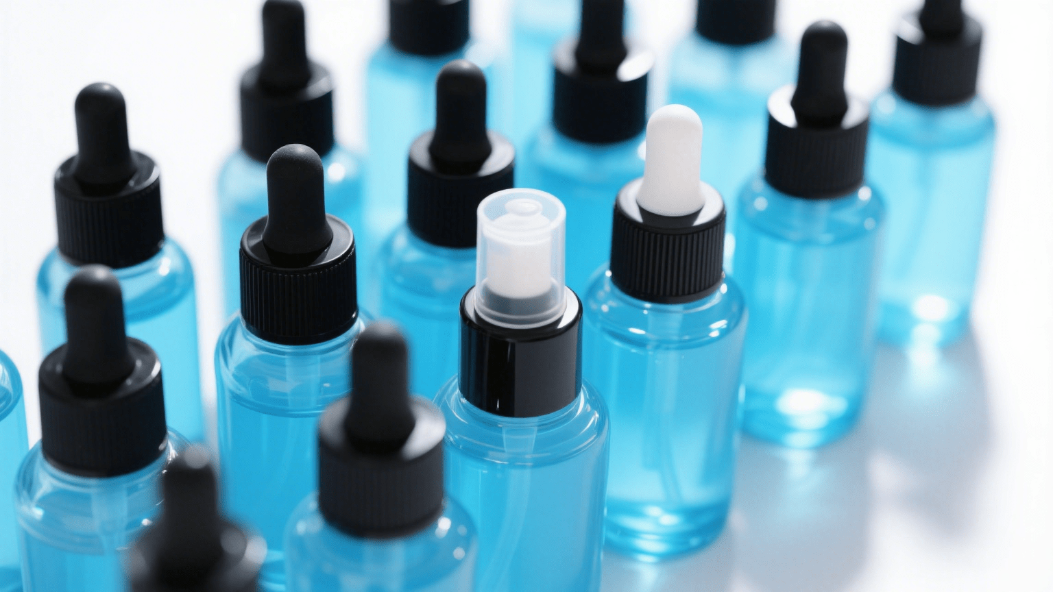 Various blue glass bottles with droppers