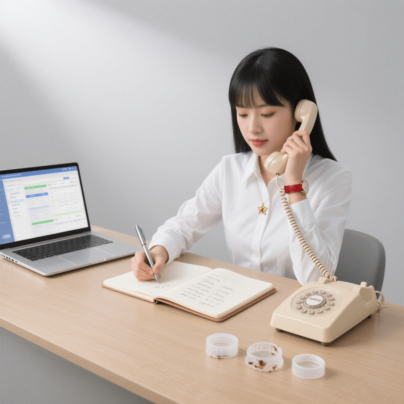 Customer service representative speaking on phone at desk