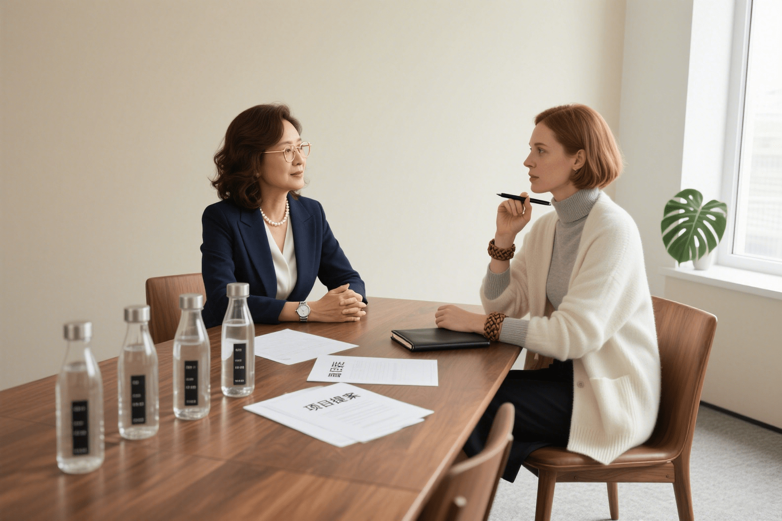 Two women discussing glass bottle designs in front of a large screen displaying the JXPACK logo