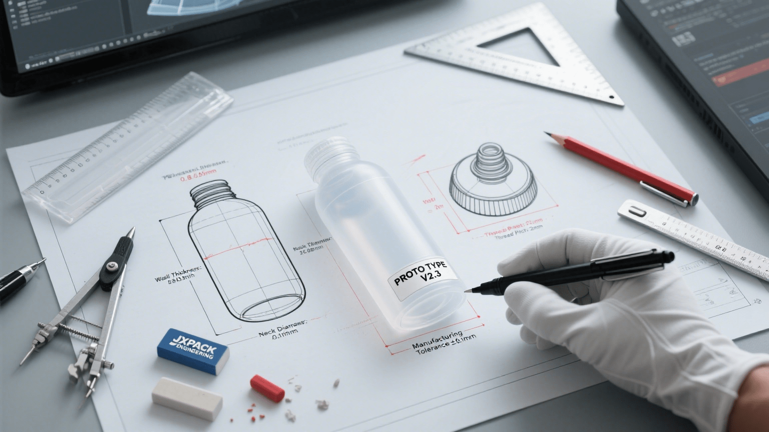 Hands drawing technical specifications of glass bottles with rulers and measuring tools