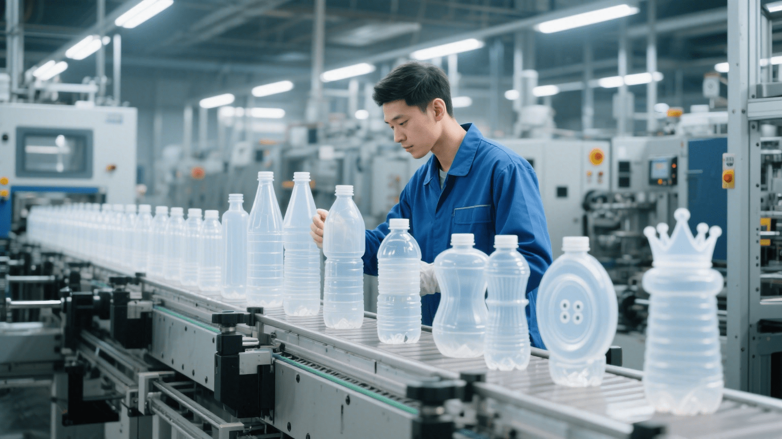 Factory worker inspecting rows of manufactured glass bottles on production line