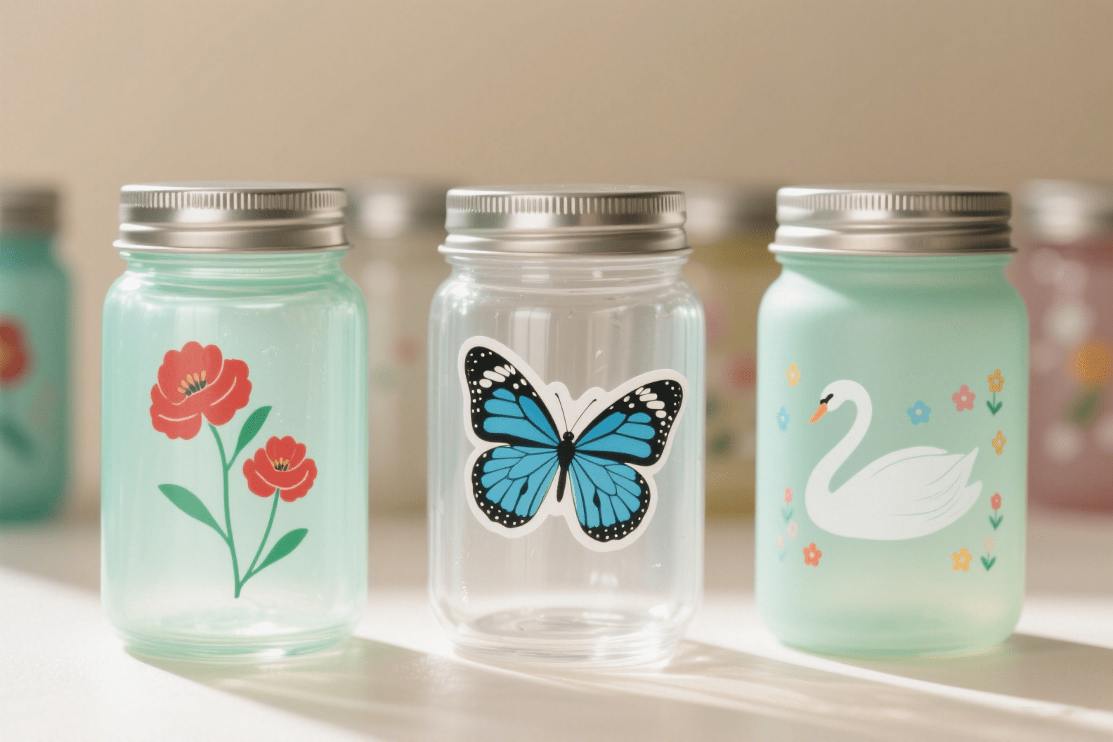 Glass jars with colorful decals