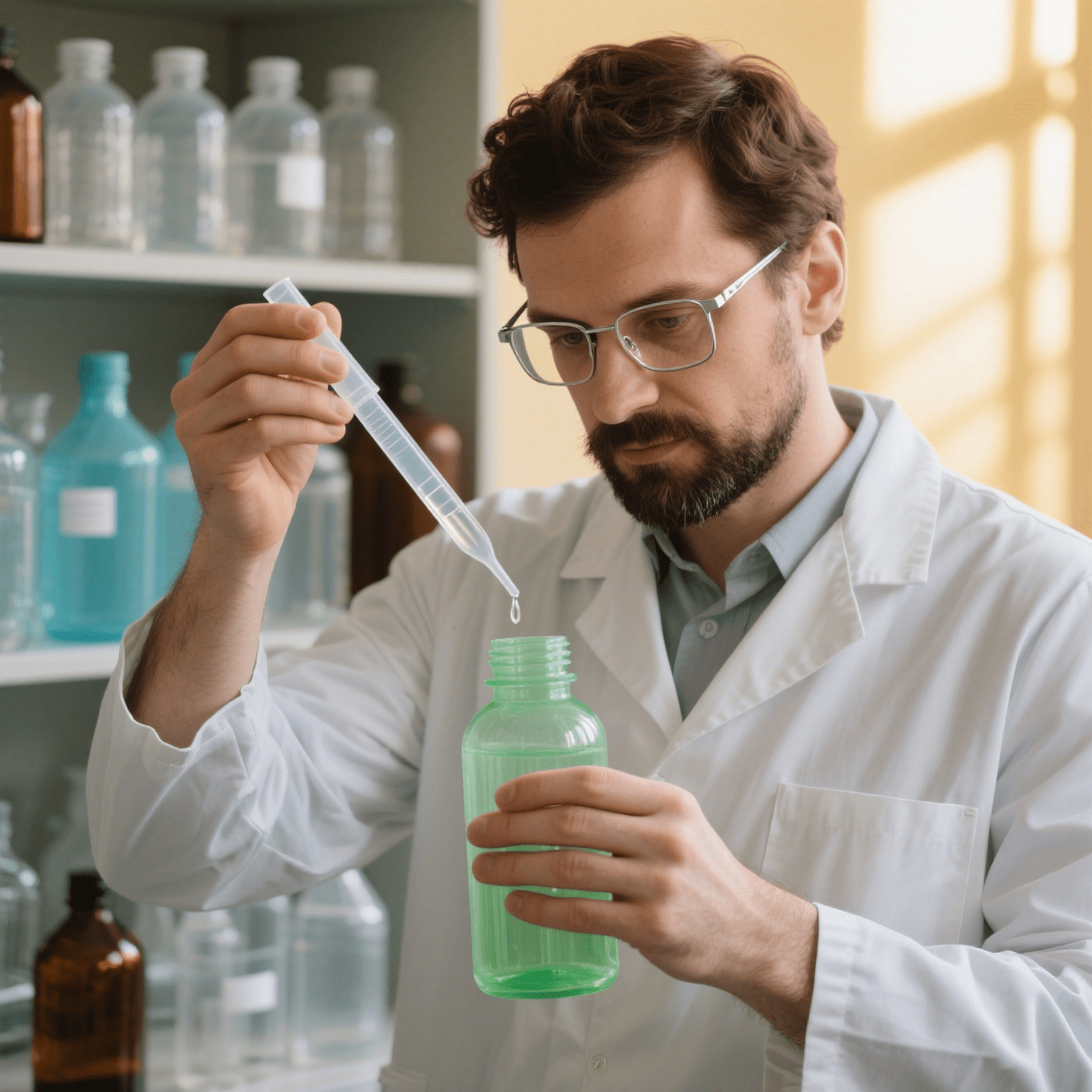 Man inspecting glass bottles