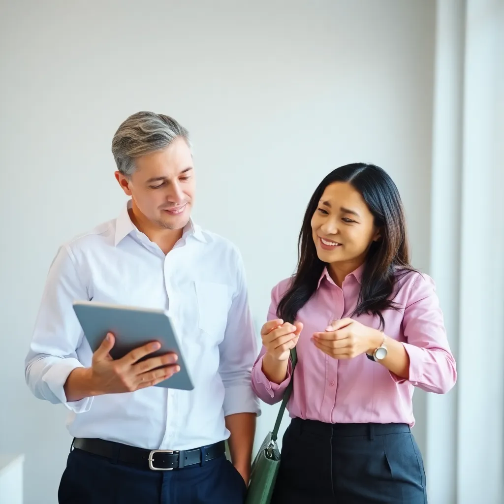 Two business professionals discussing information on a tablet, one wearing a white shirt and the other wearing a pink button-up shirt