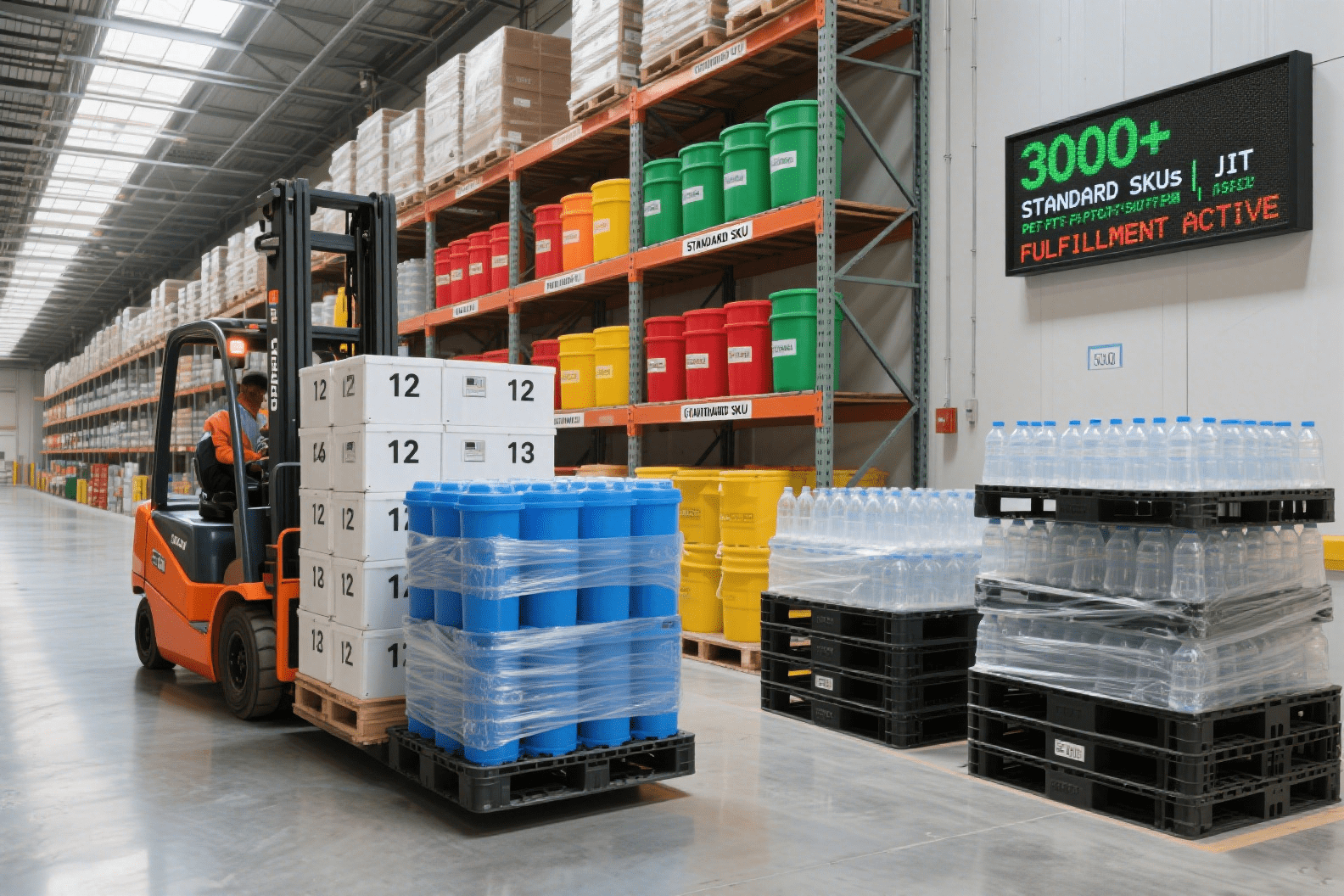 Forklift carrying a load of packaged glass bottles in a warehouse
